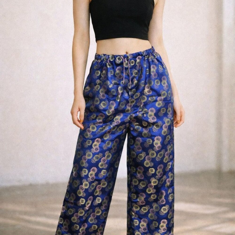 New Vintage 90s 00s Y2K Heart Large L Brocade Shiny Floral Woven‎ Wide Leg Pants
